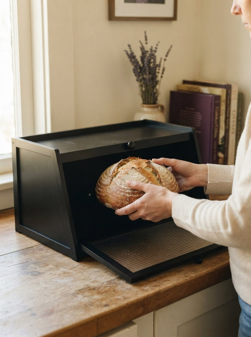 A person placing a loaf of bread into a black farmhouse-style bamboo bread box on a kitchen counter.